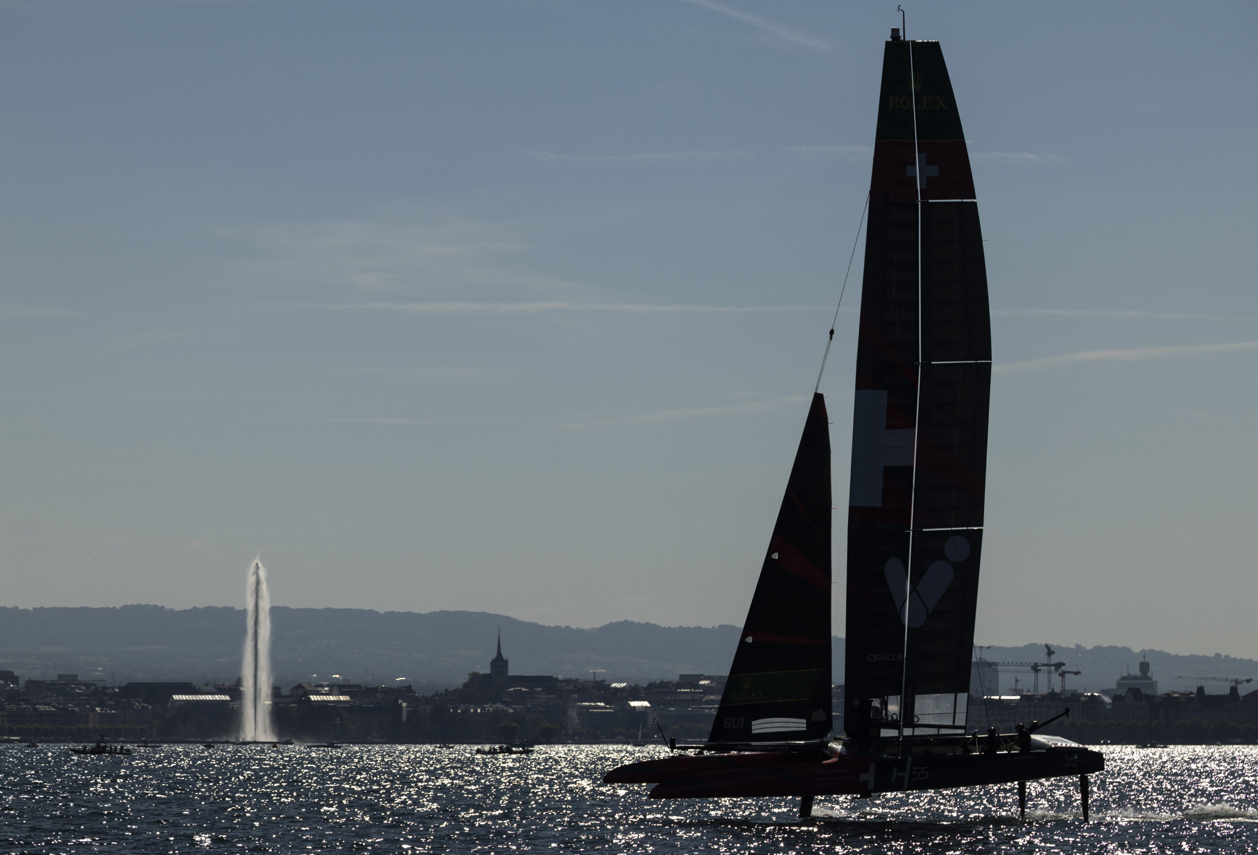 The Switzerland SailGP Team helmed by Sebastien Schneiter during a practice session ahead of the Rolex Switzerland Sail Grand Prix held in Geneva, Switzerland Friday 19 September 2025. Rolex SailGP Championship Event 10 2025 Season. Photo: Felix Diemer for SailGP. Handout image supplied by SailGP