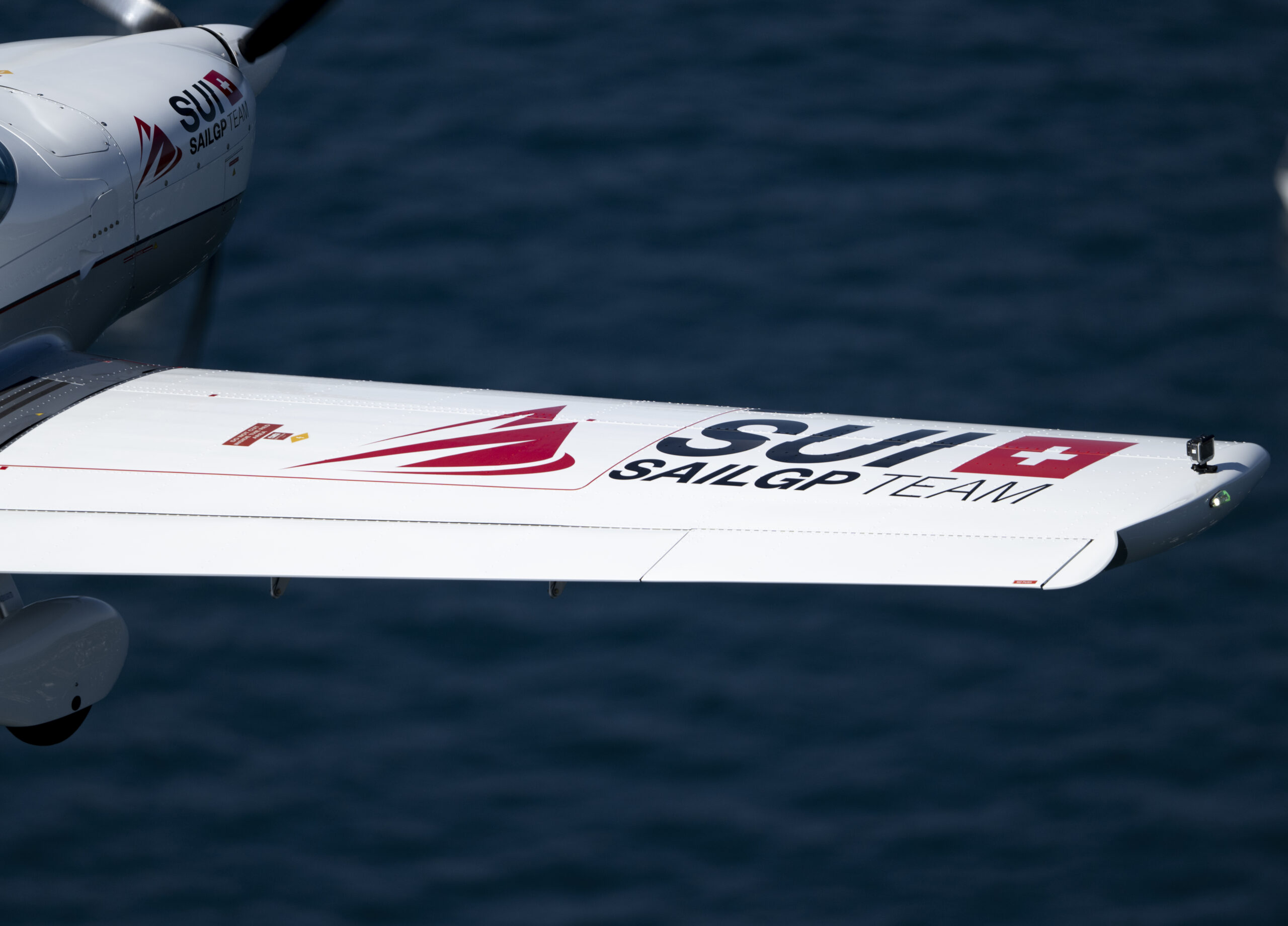 Detail of Switzerland SailGP Team branded electric plane on Race Day 1 of the Rolex Switzerland Sail Grand Prix held in Geneva, Switzerland Saturday 20 September 2025. Rolex SailGP Championship Event 10 2025 Season. Photo: Ricardo Pinto for SailGP. Handout image supplied by SailGP