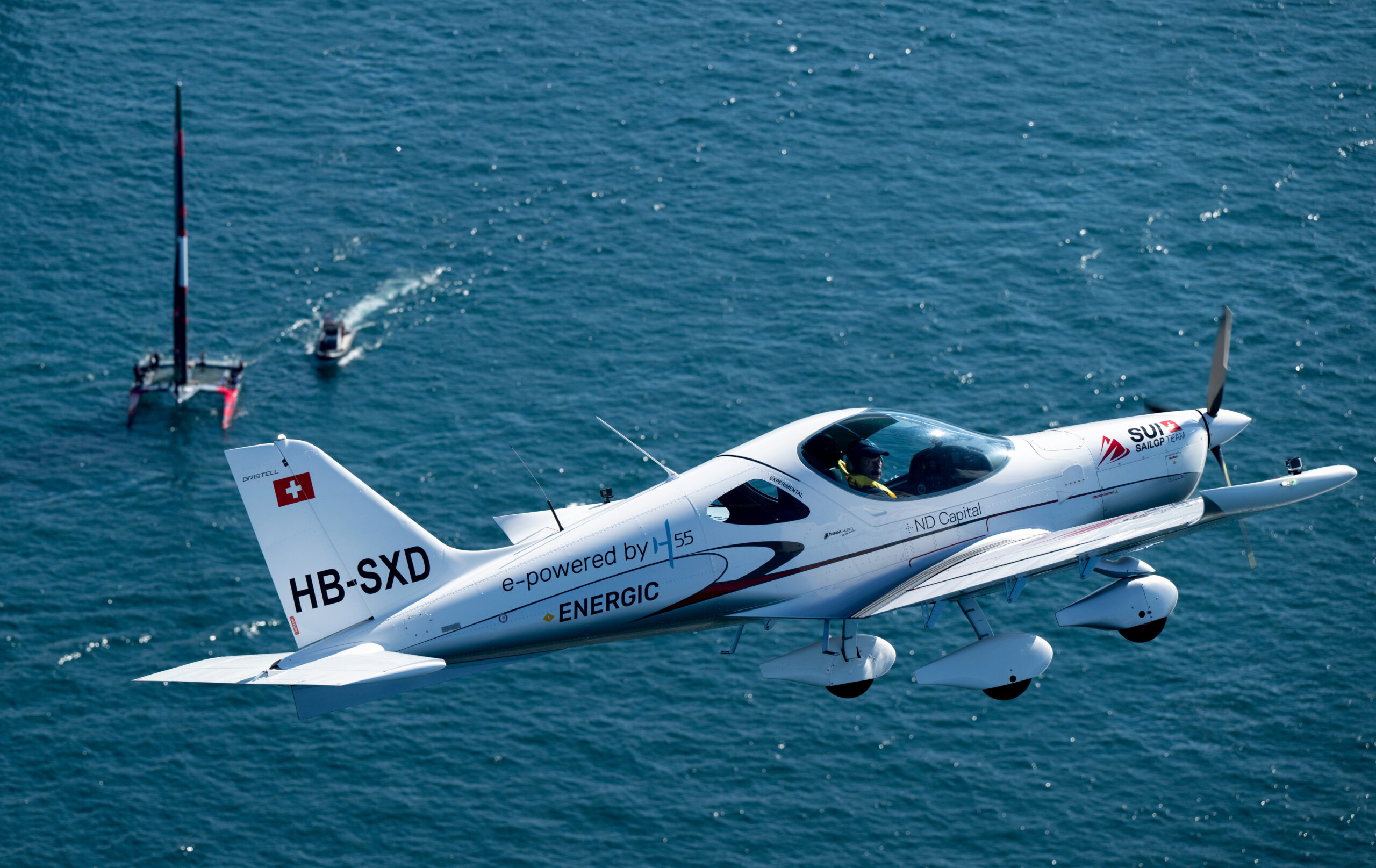 Switzerland SailGP Team branded electric plane seen on Race Day 1 of the Rolex Switzerland Sail Grand Prix held in Geneva, Switzerland Saturday 20 September 2025. Rolex SailGP Championship Event 10 2025 Season. Photo: Ricardo Pinto for SailGP. Handout image supplied by SailGP