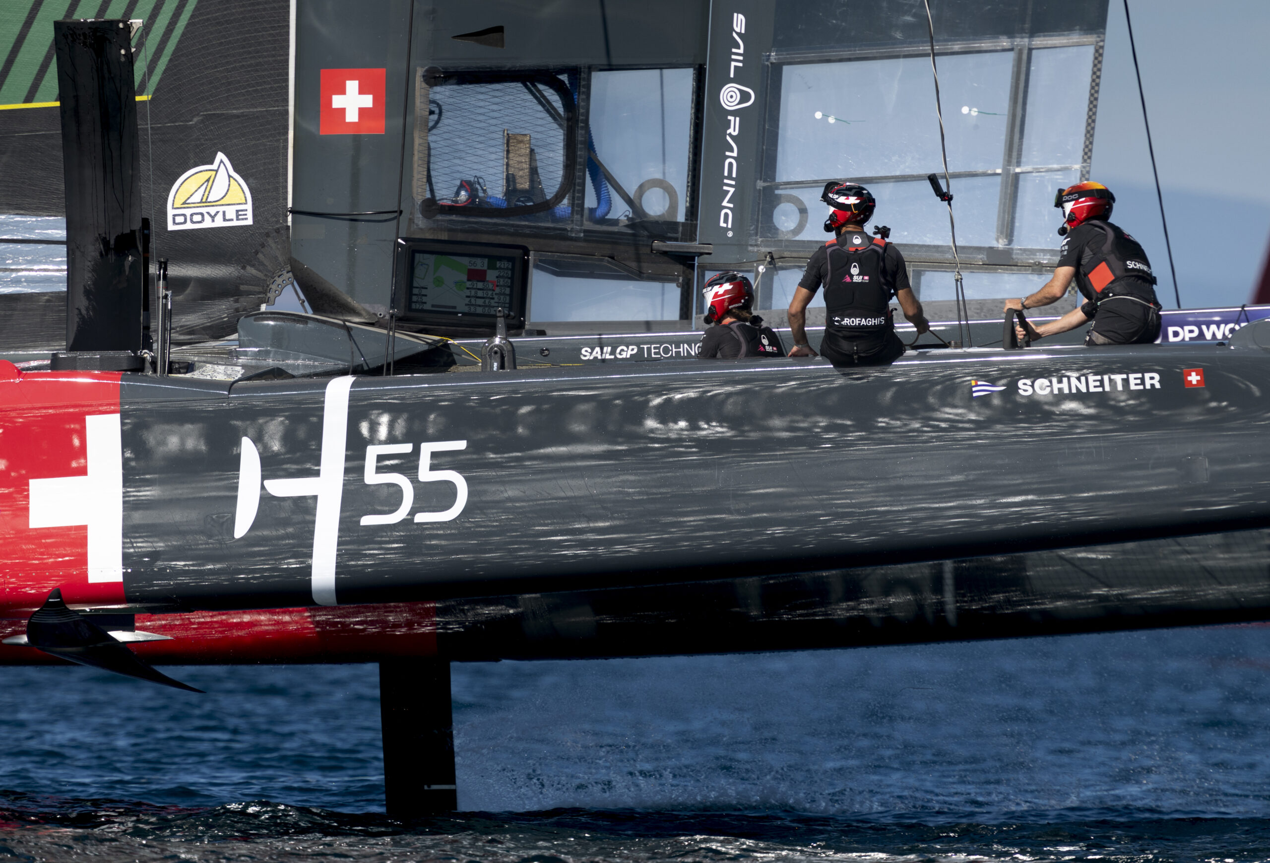 Switzerland SailGP Team helmed by Sebastien Schneiter, in action on Race Day 1 of the Rolex Switzerland Sail Grand Prix held in Geneva, Switzerland Saturday 20 September 2025. Rolex SailGP Championship Event 10 2025 Season. Photo: Samo Vidic for SailGP. Handout image supplied by SailGP